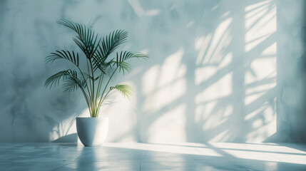 Minimalistic light background with blurred palm plant pot shadow on a light wall