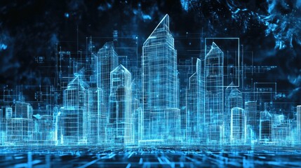 Futuristic cityscape with digital blueprints overlay