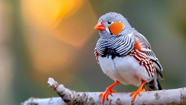 A colorful zebra finch perched on a branch with a blurred background.