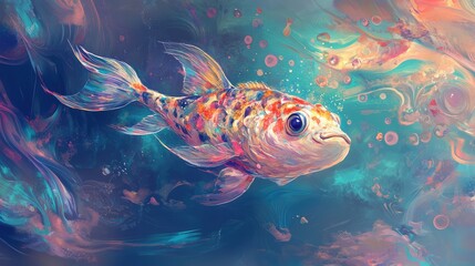 Fototapeta premium A dreamy, abstract background with a floating puffer fish, vibrant hues, and organic patterns, creating a light, whimsical feel.