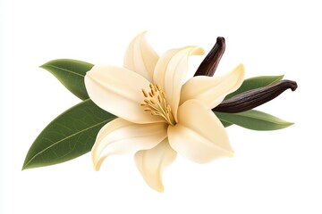 Light beige delicate vanilla flower with pods and leaves isolated on a white background with generative ai