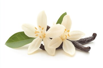 Light beige delicate vanilla flower with pods and leaves isolated on a white background with generative ai