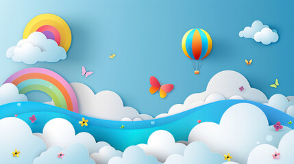 Beautiful fluffy clouds on blue sky background with summer sun