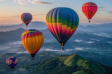 Obraz premium Colorful hot air balloons flying over mountain