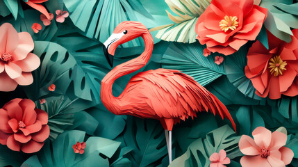 Flamingo and tropical flowers form a 3D origami image, inspiring a masculine, arty fashion print without the 3D effect.