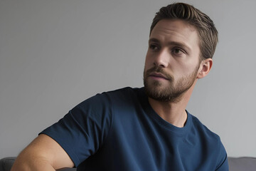 Fototapeta premium A man with a well-groomed beard and short brown hair looks thoughtfully to his left, wearing a dark blue t-shirt against a light gray background