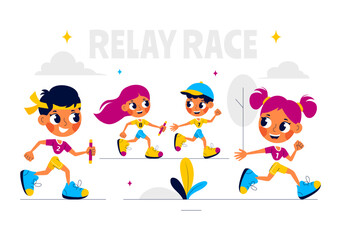 Relay Race Vector Illustration by Passing the Baton to Teammates Until Reaching the Finish Line in a Sports Championship on a Flat Cartoon Background