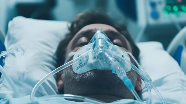 A close-up of a person lying in a hospital bed, wearing an oxygen mask, with medical monitors and tubes surrounding them