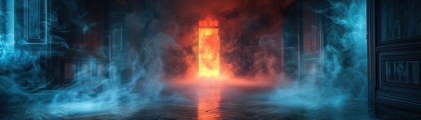 Obraz premium A mystical doorway emerges from swirling smoke, illuminated by fiery and icy elements, creating an ethereal atmosphere.