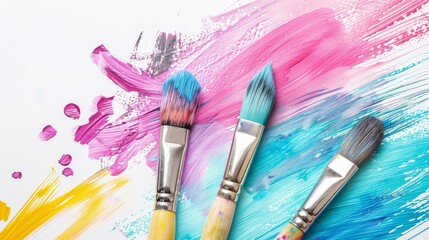 Obraz premium Colorful Paintbrushes on White Background with Abstract Paint Splashes