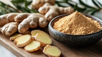 Close-Up of Ginger Powder and Fresh Ginger on Wooden Table with Blurred Background

