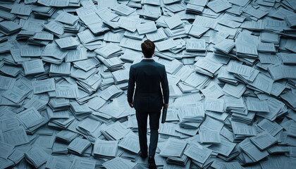 Businessperson walking into a labyrinth of tax forms, depicting tax complexity