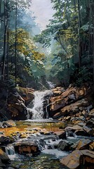 Fototapeta premium waterfall deep within a lush forest landscape abstract art poster background