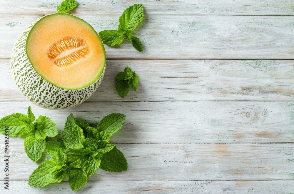 Poster Cantaloupe and Mint on White Wooden Background