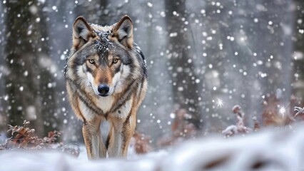 Naklejka premium A lone wolf stands in a snowy forest, looking directly at the camera. The snow is falling heavily around the wolf.