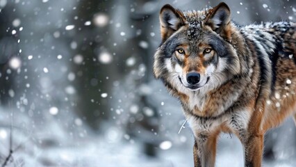 Naklejka premium A lone wolf stands in the snow with a snowy background.