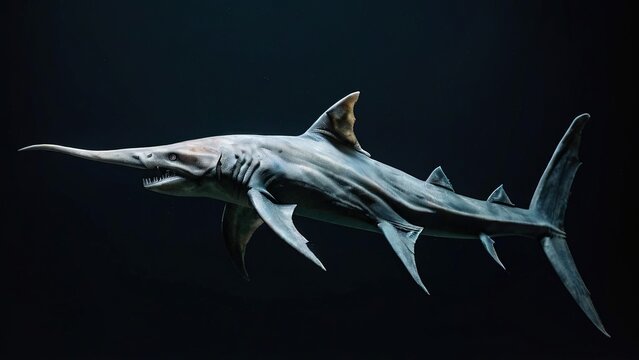 A longnose sawshark, a rare deep-sea shark with a distinctive elongated snout, is captured against a dark background.