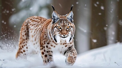 Obraz premium A lynx with large, pointed ears and a spotted coat walks through a snowy forest, its eyes fixed on the viewer.