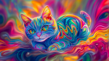 Obraz premium A playful cat with large, expressive eyes and colorful fur, centered in a whimsical garden scene with vibrant flowers and butterflies, simple shapes and solid colors