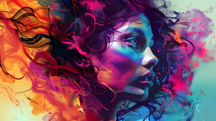 Girl's head. Abstraction in bright colors. Horizontal wallpaper for desktop on your computer