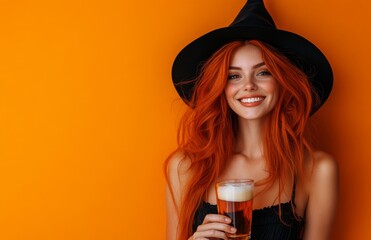 A red haired witch in black attire, smiling and holding a beer glass cheerfully