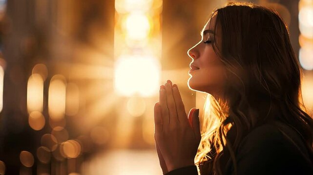 A woman prays with her eyes closed in a dimly lit room.  concepts of faith, hope, and spirituality.