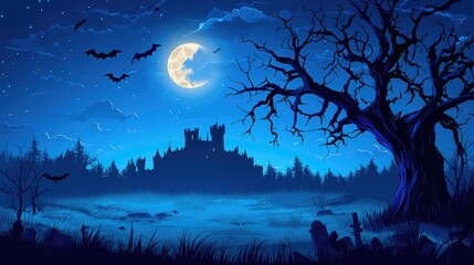 Graveyard cemetery to castle In Spooky scary dark Night full moon and bats on dead tree