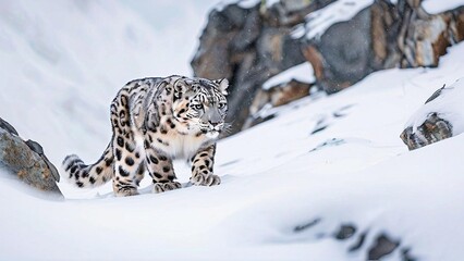 Fototapeta premium A majestic snow leopard walks through a snowy mountain landscape, its fur blending seamlessly with the environment. Its piercing gaze suggests both beauty and danger.