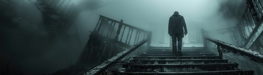 A solitary figure walks up a shadowy staircase, surrounded by an eerie fog that creates a haunting atmosphere.