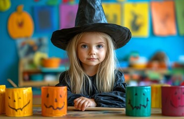 Fototapeta premium A little witch crafting at a Halloween decorated table in a kindergarten classroom
