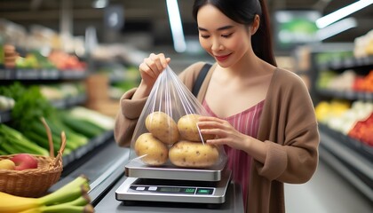 Customer weighing bags of potatoes in the vegetable section of the supermarket, generative AI