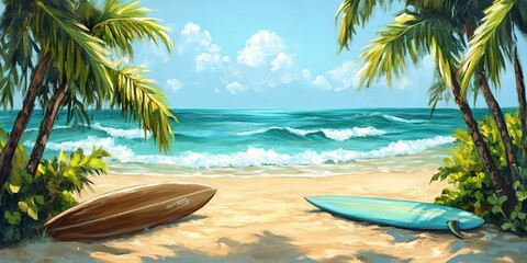 Fototapeta premium Tropical Beach with Surfboards, Palm Trees and Turquoise Waters, Beach, Surf, Palm Trees, Ocean 