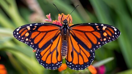 Fototapeta premium A Monarch butterfly with its wings open, perched on a flower with a green and orange background.