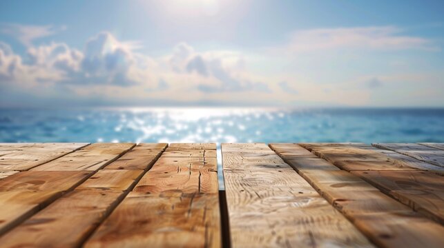 07231249 167. Clear wooden table surface with an out-of-focus ocean view behind, capturing the tranquil essence of a seaside environment