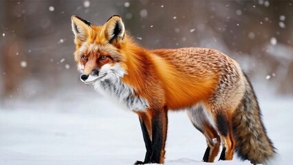 Fototapeta premium A red fox stands in a snowy forest, looking towards the camera with a curious expression. The fox's fur is a beautiful reddish-brown, with a white underbelly and a bushy tail.