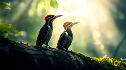 Two mottled woodpeckers among the spring green of the background of the spring forest