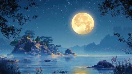 Calm sea under a bright full moon, capturing the peaceful essence of the Mid-Autumn Festival in a clean and clear setting.