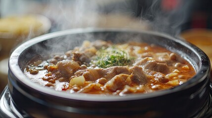 Close-up of a steaming bowl of Doenjang Jjigae soybean paste stew, text background with flavor profiles