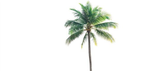 A tall palm tree with green leaves against a white background 
