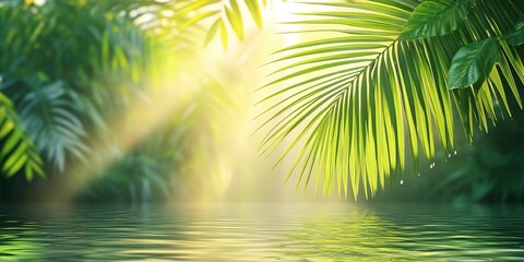 Fototapeta premium Palm leaf on the water with sun rays. Summer background. 