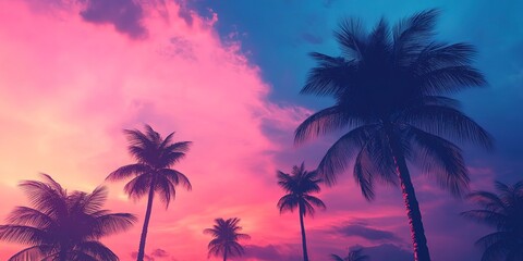Silhouette palm trees against a neon retro pink and blue sky background. 