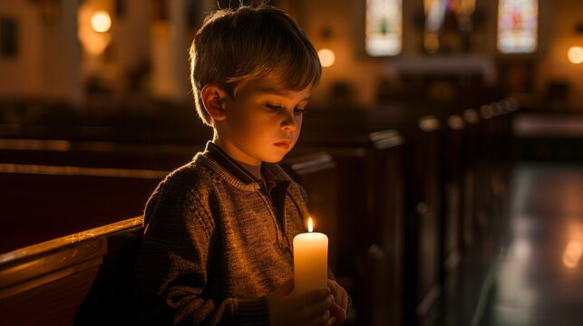A young boy is sitting in a church with a lit candle in his hand