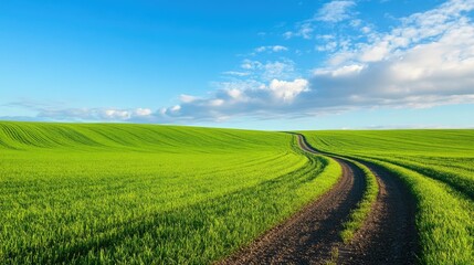 Obraz premium green grass outdoor field landscape with roadway