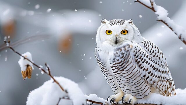 A snowy owl perched on a snow-covered branch with snowflakes falling around it. The owl has bright yellow eyes and white feathers with black markings.