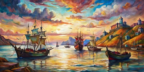 Obraz premium Majestic Sunrise Over Tranquil Harbor with Colorful Sailing Ships and Mountains