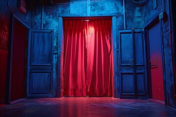 A room that has a red curtain in it