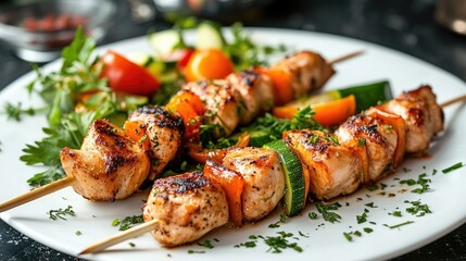 Grilled chicken skewers with a side of vegetables, high-protein meal, served on a white plate