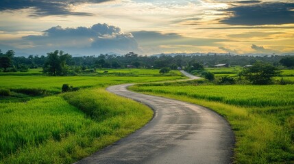 Fototapeta premium green grass outdoor field landscape with roadway