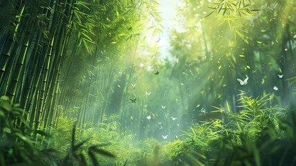 Stunning Beautiful Green Bamboo Forest Background: A Serene and Enchanting Natural Scene. Showcasing the Grace and Tranquility of Bamboo Groves.