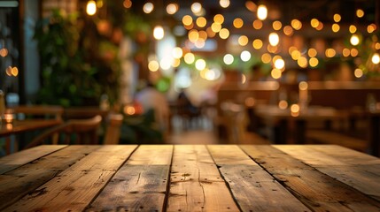 07231249 174. Crisp wooden table edge with a gently blurred restaurant interior, including softly lit decor and silhouettes of diners